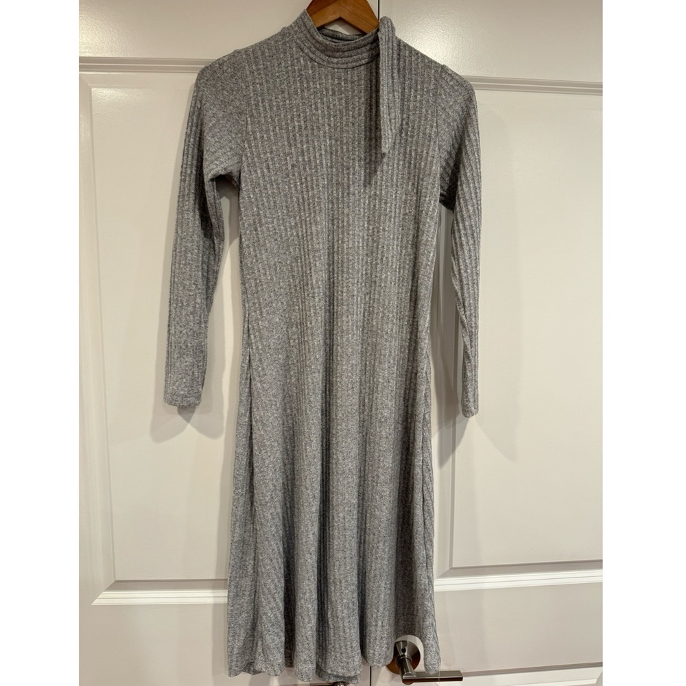 Zoya | Grey Ribbed Jersey Midi Dress Neck Tie